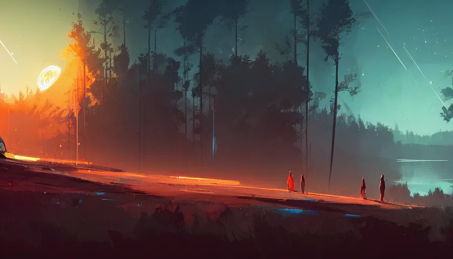 Prompt: concept art by jama jurabaev and ismail inceoglu and sparth, cel shaded, cinematic shot, trending on artstation, high quality, brush stroke, vibrant colors, night under the starry sky, mysterious lake area of crater