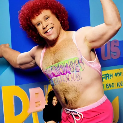 Image similar to seth rogan as richard simmons, photograph