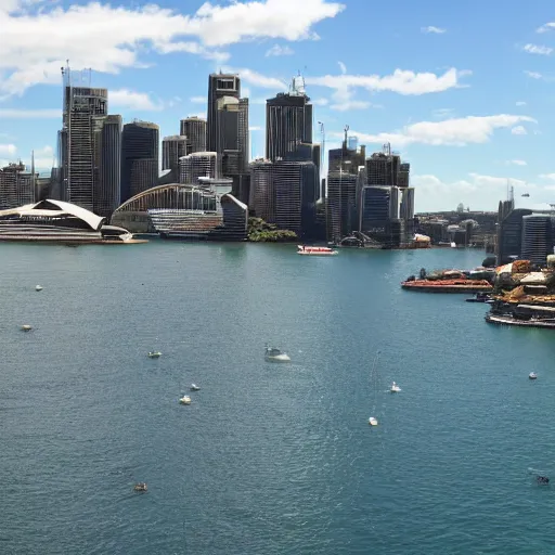 Prompt: sydney harbor but the water is baked beans