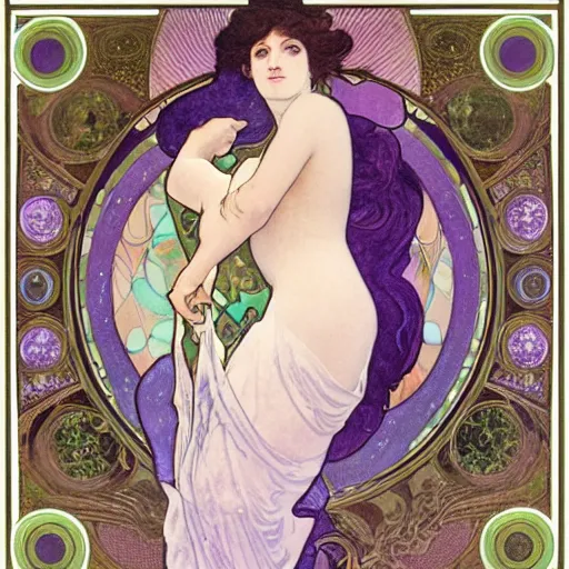 Prompt: heavenly goddess full body statue with sleepy face and beautiful closed eyes and open lips and 2 arms open and 2 legs bending and a curved body wearing torn silk cloth, laying on her back among purple clouds and nebula and starry galaxy dust, splashes into the fabric of the universe, art nouveau by alphonse mucha, black marble, violet gold beige, saturated colors, intricate face detail