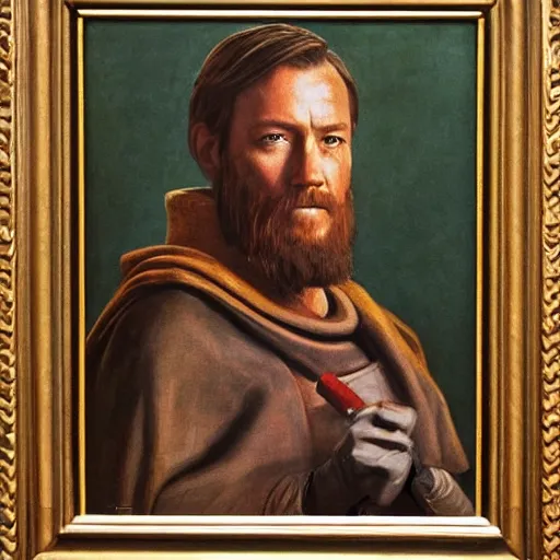 Image similar to a portrait painting of obi wan kenobi from star wars in a renaissance style hanging in the louvre