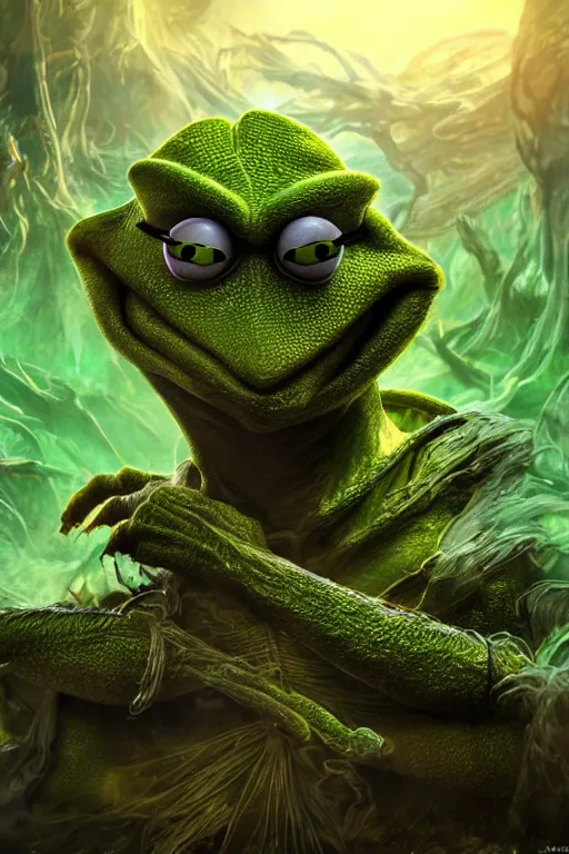 Image similar to an ultra detailed 3 d render of kermit the frog as an elden ring boss, epic anime fantasy, 8 k, in the style of a fantasy metal album cover and magic the gathering, volumetric lighting, smooth, highly detailed, digital illustration, octane render, art by albert bierstadt and greg rutkowsi, artstation