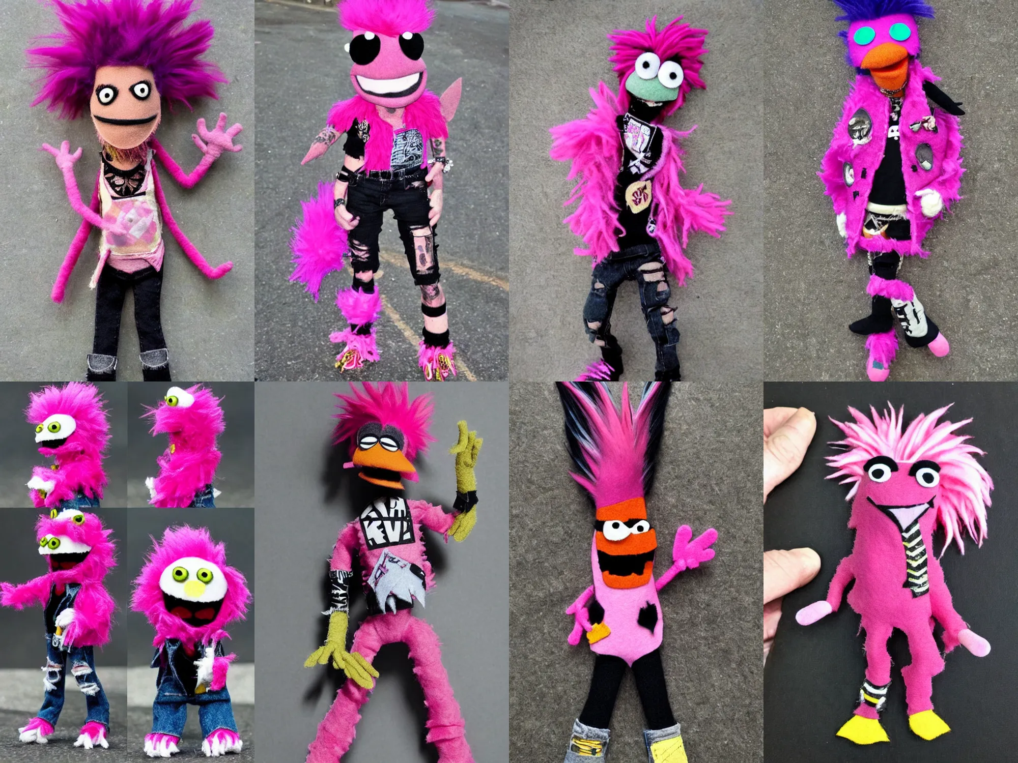 Prompt: punk with pink mohawk! as a felt muppet!!!! with ripped jeans sharp details