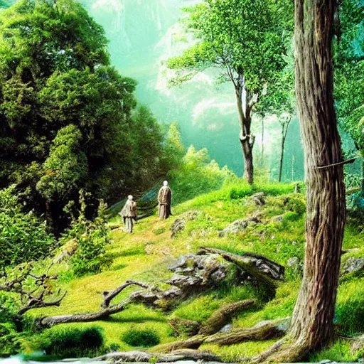 Prompt: lord of the rings idyllic landscape, forrest