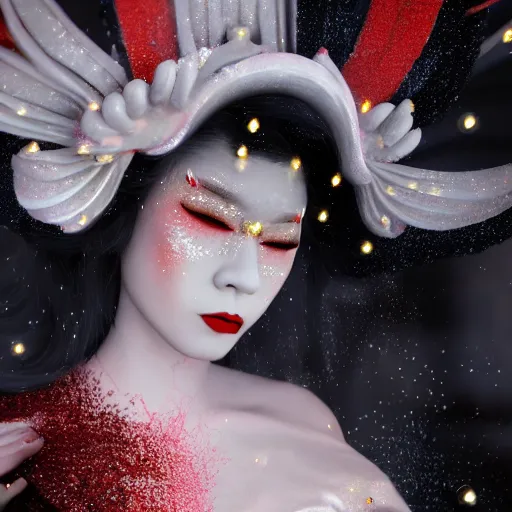 Prompt: mad albino geisha covered in glitter, unreal engine octane, detailed,intrincate, realistic,8k, epic lights