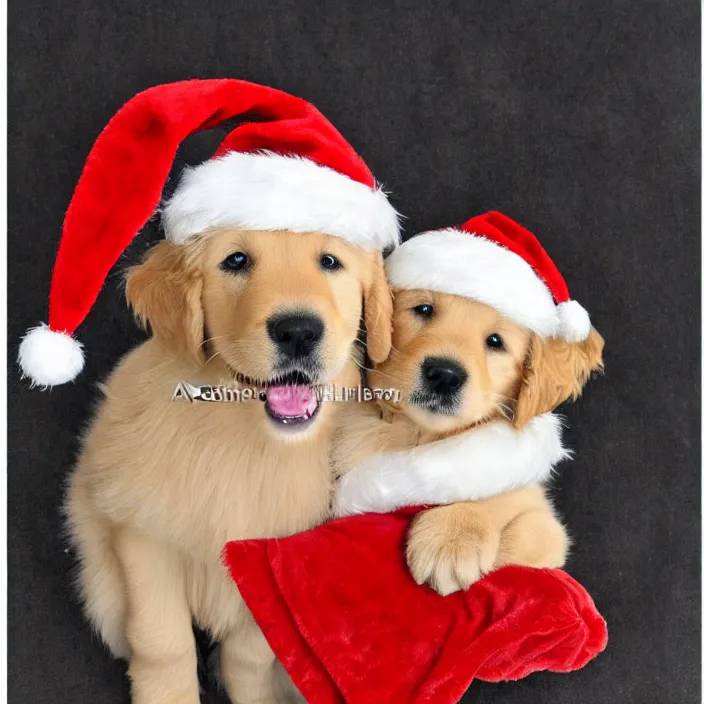 Image similar to cute golden retriever puppy wearing a christmas hat by archibald thorburn