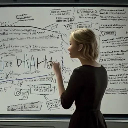 Prompt: the first still from the professor, directed by christopher nolan, shows jennifer lawrence at a chalkboard explaining data pipelines 4 k