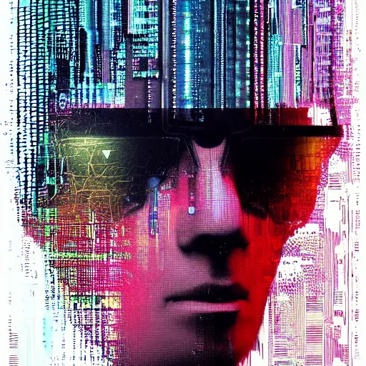 Prompt: portrait of a hooded character wearing a cyberpunk visor, digital ui, by Johannes Itten, by Russ Mills, glitch art, hacking effects, glitch effects, chromatic, color blocking, oil on canvas, concept art, abstract