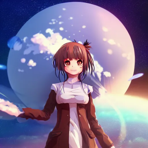 Image similar to An anime girl holding and terraforming a planet on her hands, wide-shot, high detail, 4k, digital art, artstation, 8k, very detailed