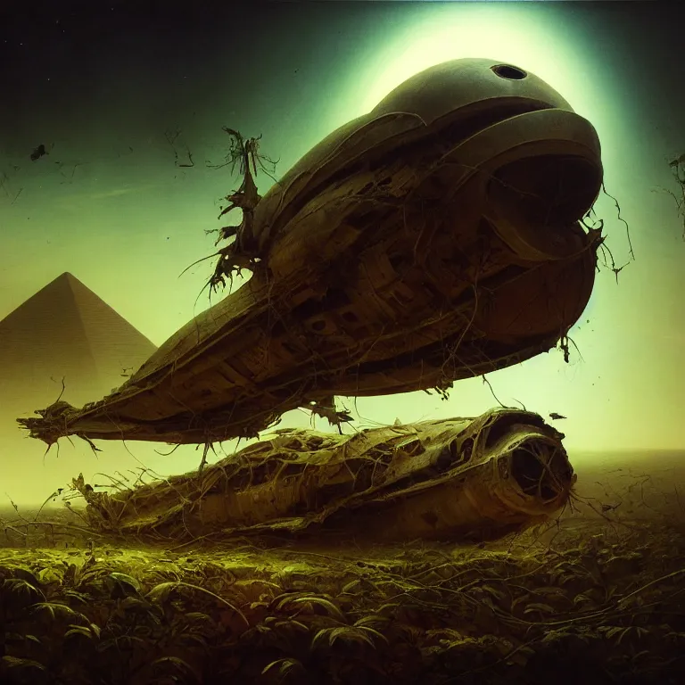 Prompt: surreal painting of crashed egyptian spaceship overgrown by jungle, soft grainy bloom lucid dream - like atmosphere, harsh flash photo at night, baroque painting, perfect composition, detailed octane render trending on artstation, 8 k artistic photography, volumetric cinematic perfect light, chiaroscuro, masterpiece, raphael, caravaggio, beksinski, rutkowski, beeple