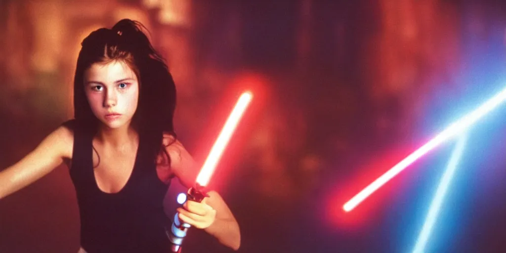 Image similar to a full color still of a teen brunette girl with her hair up holding a lightsaber with a sci-fi battle in the background, cinematic lighting, 1999, directed by Steven Spielberg, 35mm