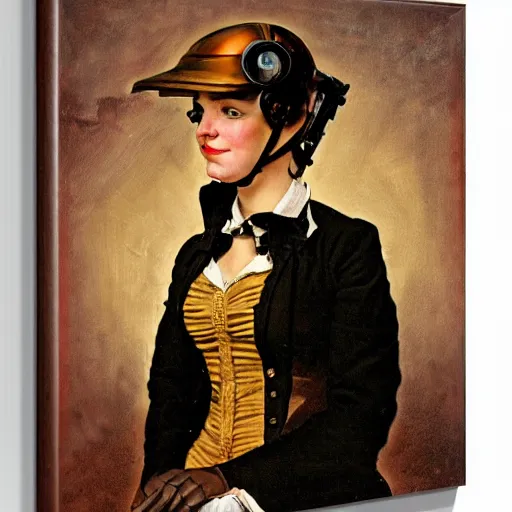 Image similar to frontal portrait of a woman with a steampunk helmet, by norman rockwell