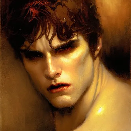 Prompt: attractive twenty first century male vampire beautiful eyes. highly detailed painting by gaston bussiere, craig mullins, j. c. leyendecker 8 k