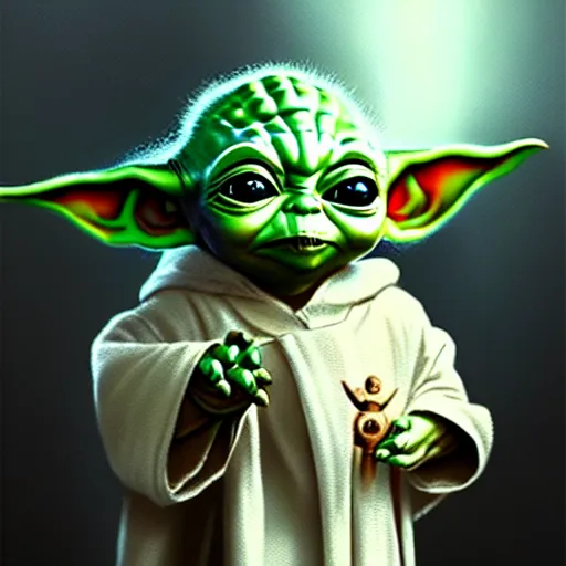 Image similar to baby yoda in his first communion, art by greg rutkowski, intricate, elegant, highly detailed, smooth, sharp focus, artstation