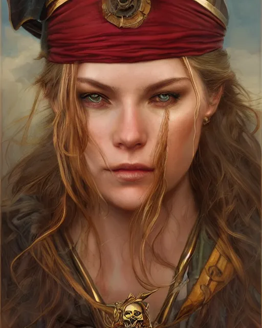 Image similar to female pirate on ship, cover page very intricate | cinematic lighting | award - winning | closeup portrait | by donato giancola and mandy jurgens and charlie bowater | featured on artstation