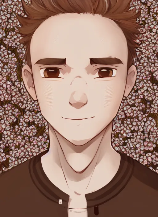 Image similar to white young man with a wide smile, prominent big eyes, round cute lips, round portruding chin, wise forehead, background is covered with brown flowers, sharp, highly detailed, simple lines, digital painting, artstation, concept art, matte, sharp focus, illustration, anime moe artstyle