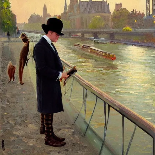 Image similar to ewan mcgregor is standing by the river seine on a bridge in the morning. he is wearing a gentleman ´ s outfit with a bowler hat. next to him at his feet is lying a brown cat. ewan mcgregor is painting a canvas that is put on an easel. morning light. early 2 0 th century paris. vivid colours, digital art