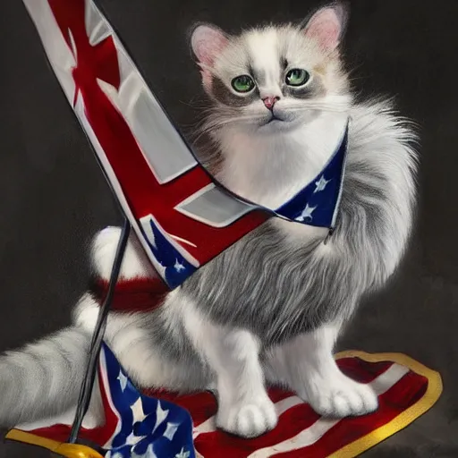 Prompt: a hyper real comic book style portrait painting in which a small piebald cat holding a flag is riding a large fluffy gray striped cat into battle and on noble quests where backgrounds are wild and interesting with fascinating skies and epic terrain