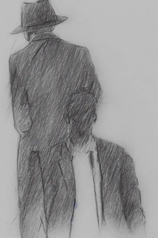 Image similar to a man in a jacket with his back to the camera standing in the rain. pencil sketch.