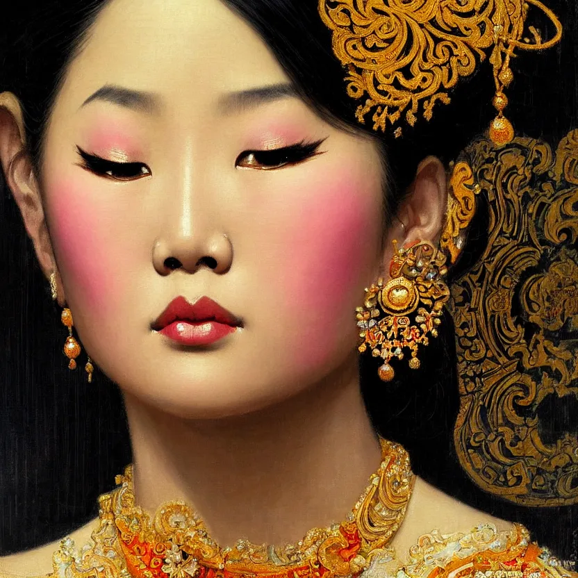 Prompt: close up portrait of the elegantly beautiful, sophisticated, slender rich vietnamese princess, imagining the rings of saturn. intricate eye detail focus, baroque, batik, by norman rockwell, range murata jeremy lipking, trending on pinterest, vivid 8 k sharp depth of field, pristine global illumination, smooth 3 d, wallpaper quality.