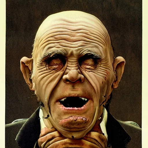 Image similar to pine cone headed man with hard black eyes very surprised, rule of thirds, super sharp, 4 k, ultra detailed, norman rockwell, richard corben.