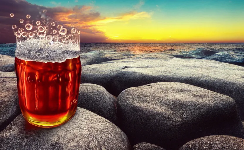 Image similar to a cubic cup of coca-cola with small gas bubbles on a rock near the sea at sunset, anime style, 8k hdr, hyperrealistic, highly detailed, high quality, high coherence, godrays, complementary colours, turbulent sea, path tracing, breathtaking landscape, cinematic lighting, concept art, trending on Artstation