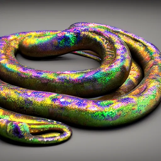 Image similar to highly textured iridescent-pearlescent-snakes wrapped around each other, 3D, digital art, octane render, blender cycles, photorealistic, 4k-ultra-hd, high dynamic range, seamless texture