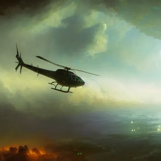 Prompt: a spy doing his mission flying in a helicopter while explosion in the background particles dusty explosion fog made by ivan aivazovsky, peter mohrbacher, greg rutkowski volumetric light effect broad light oil painting painting fantasy art style sci - fi art style realism premium prints available artwork unreal engine