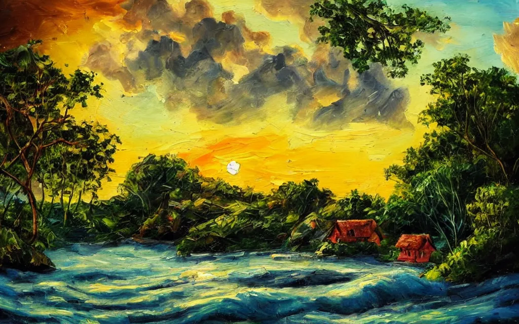 Prompt: a small island surrounded by water with a cozy cottage, with a garden courtyard, tropical forest, river, waterfall, sunset, puffy clouds, dramatic and dynamic lighting, thick brush strokes oil impasto painting