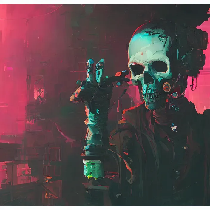 Image similar to a colorful comic noir illustration painting of a cyberpunk skull by sachin teng and sergey kolesov and ruan jia and heng z. hyper detailed. octane render. trending on artstation