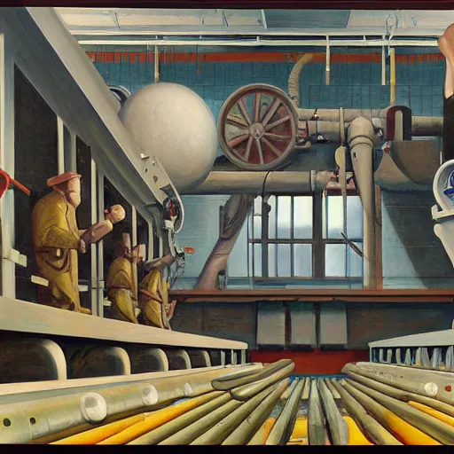 Image similar to engine room, turbines, robot repairmen, reactor core, grant wood, pj crook, edward hopper, oil on canvas