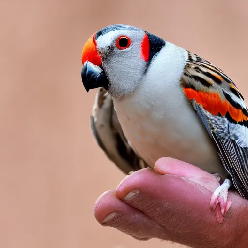 Prompt: a zebra finch dying in the palms of a small boy