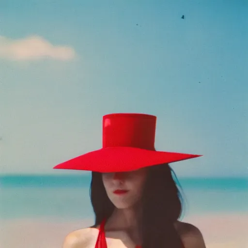 Prompt: vintage polaroid of an attractive woman with a large hat at the beach, warm azure tones, red color bleed, film grain