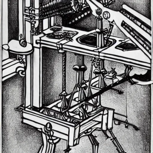 Prompt: rube goldberg music machine designed by escher drawn by da vinci, detailed pen and ink illustration