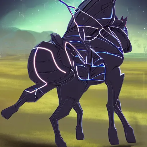 Image similar to cybernetic neo - equine mind transfer : horse - like creatures running impossibly fast through the night, reveling in their machine - aided grace and supremacy over any natural creature, furaffinity