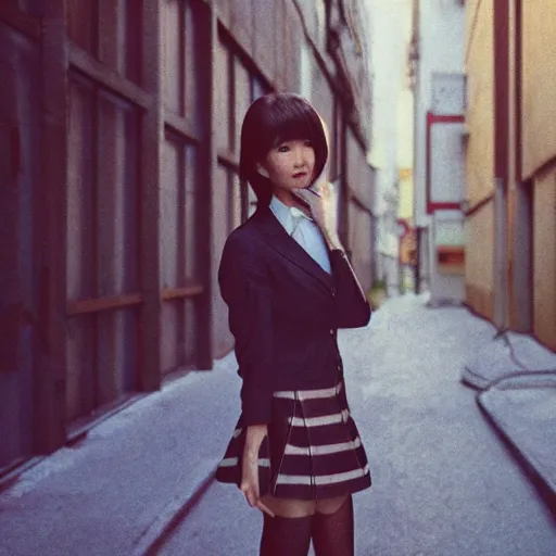 Image similar to a perfect 8K HD professional photo of close-up japanese schoolgirl posing in sci-fi dystopian alleyway, harsh light, at instagram, Behance, Adobe Lightroom, taken with polaroid kodak portra