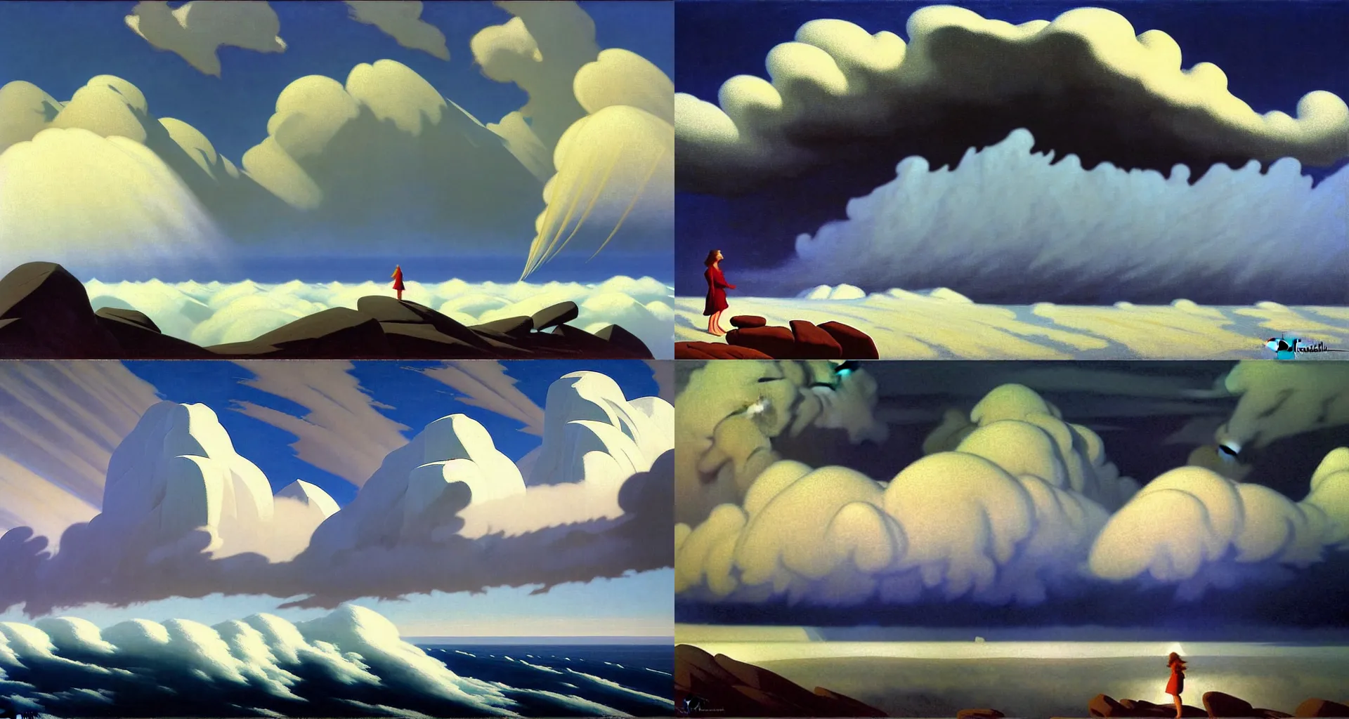 Prompt: above the clouds, dramatic light, ed mell paintings, surreal thunder clouds in the sky, stormy sea by frederick judd waugh, simple form, brutal shapes stormy sky, extremely strong wind, cumulonimbus, woman in dress figure standing on the stones, realism, cinematic view, artwork by ed mell christopher blossom and franklin carmichael and Russ Kramer and ivan aivazovsky and isaac levitan