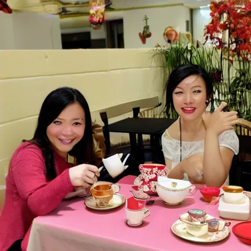 Image similar to Meilin Lee from Turning Red and Mirabel Madrigal from Encanto having a tea party