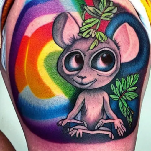 Prompt: shoulder tattoo of a multicolored hallucinating meditating cute bush baby, eyes are rainbow spirals, furry, happy mood, surrounded with colorful magic mushrooms and rainbow marihuana leaves, insanely integrate