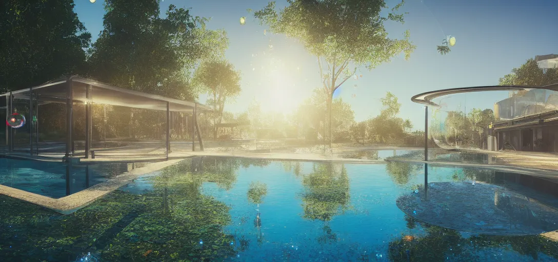 Prompt: view of a utopian outdoor solarpunk pool, empty, blue clear skies, waves, bubbles, reflections, refractions, caustics, dappled light, cinematic lighting, ultra detailed, sharp, ambient occlusion, raytracing, 3 d artstation render by greg rutowski, finnian macmanus and jessica rossier