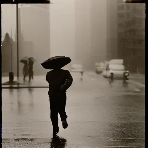 Image similar to a photograph of a man running down the street wearing a hat on a rainy day on expired kodak film, 3 5 mm, award - winning photograph, striking lighting, perfect composition