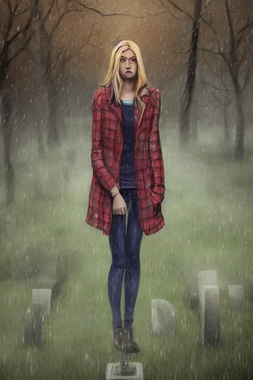 Image similar to tv scene of rachel amber from life is strange standing in a graveyard in the rain, blonde hair, red checker shirt, tired emotion, tearful eyes, highly detailed, sharp focused, ultra realistic digital concept art by Alyssa Monks, Charlie Bowater