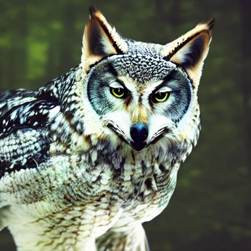 Image similar to mixture between an! owl and wolf, captured in a forest