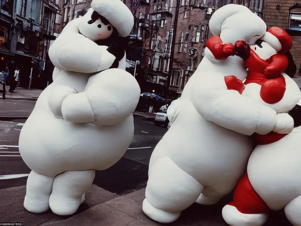 Image similar to 3 5 mm kodachrome colour photography of michelin man and stay - puft marshmallow man kissing each other, in love, taken by harry gruyaert