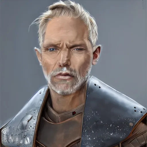 Prompt: concept art, 50 years old men, blonde, blue eyes, medieval leather armor, no helmet, high detail, digital art, realistic