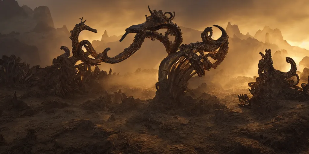 Prompt: ribs and spines and teeth, gold ram horns, copper goat skulls, grand imposing powerful sculpture. swirls of mist. sunrise, intense light beams, lens flare. occult photorealism, uhd, amazing depth, volumetric lighting, cinematic lighting. epic landscape.