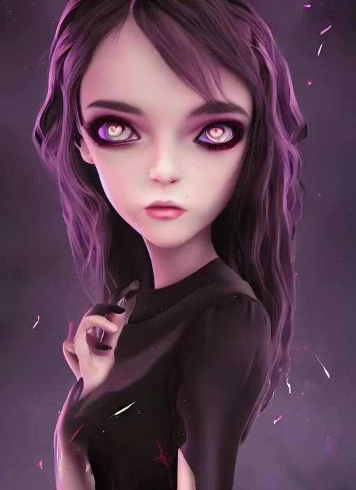 Image similar to young witch ; occult magic ; black dress ; nice face ; a crow sitting on her head ; unreal engine ; photorealistic ; dark colors ; cinematic light