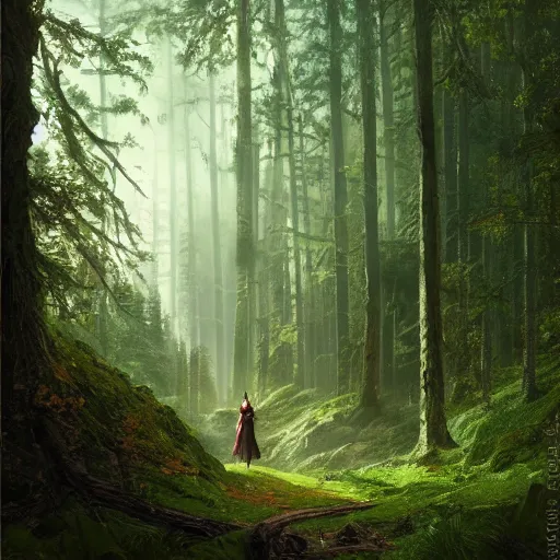 Prompt: an woman with a green cape and hunter bow wearing iron armor in the middle of an forest, Matte painting , detailed painting, greg rutkowski