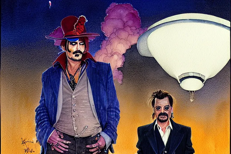 Image similar to a hyperrealist watercolour character concept art portrait of johnny depp and tom sellick on a misty well lit night in las vegas. a ufo is in the background. by rebecca guay, michael kaluta, charles vess and jean moebius giraud