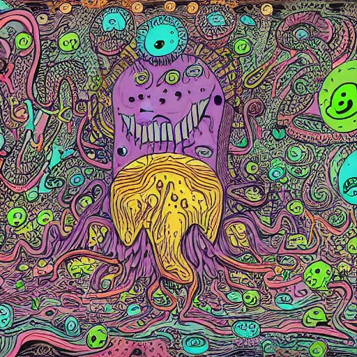 Prompt: impossibly detailed & intricate illustration of the azathoth devouring the earth, colored, by jon burgerman, super refined, 8 k, detailed line work